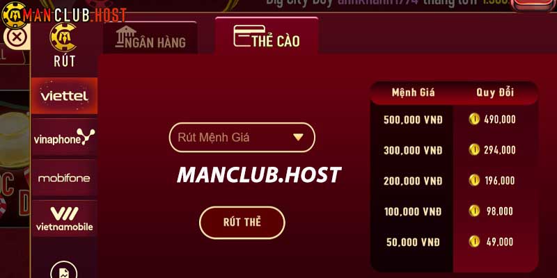 Rút tiền Manclub bằng hình thức đổi thưởng thẻ cào